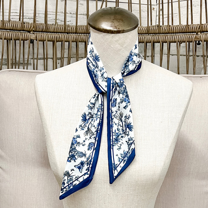 Blueberry Hill Toile Twilly Scarf in Blue and White