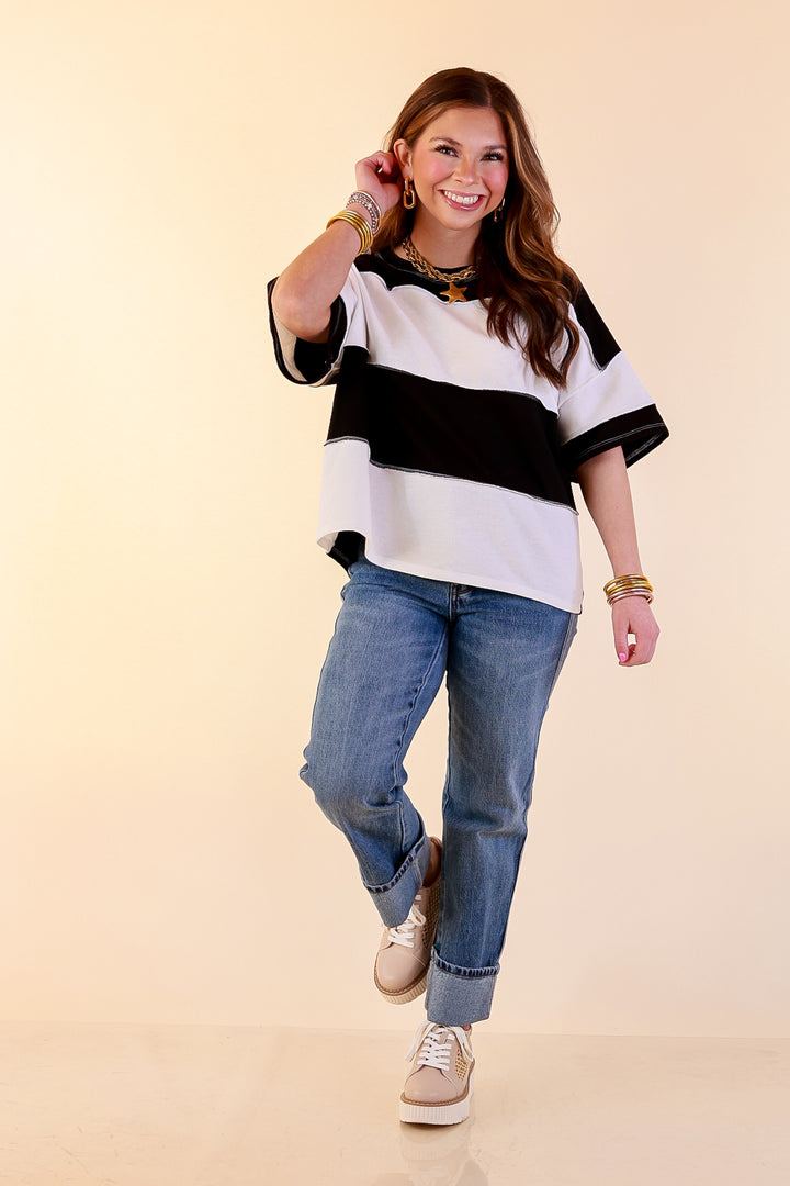 Simply Striking Color Block Rugby Style Wide Stripe Relaxed Short Sleeve Top in Black