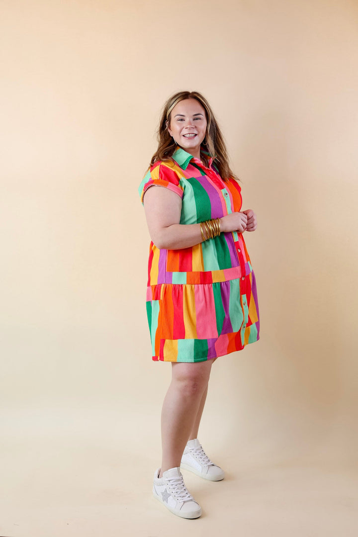 Appreciate You Color Block Corduroy Button Up Dress in Multi - Giddy Up Glamour Boutique