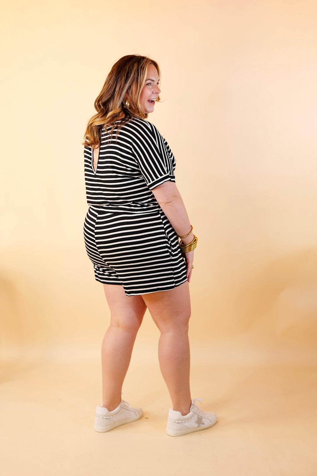 Let Me Loose Striped Short Sleeve Drawstring Waist Tee Shirt Romper in Black and Ivory - Giddy Up Glamour Boutique