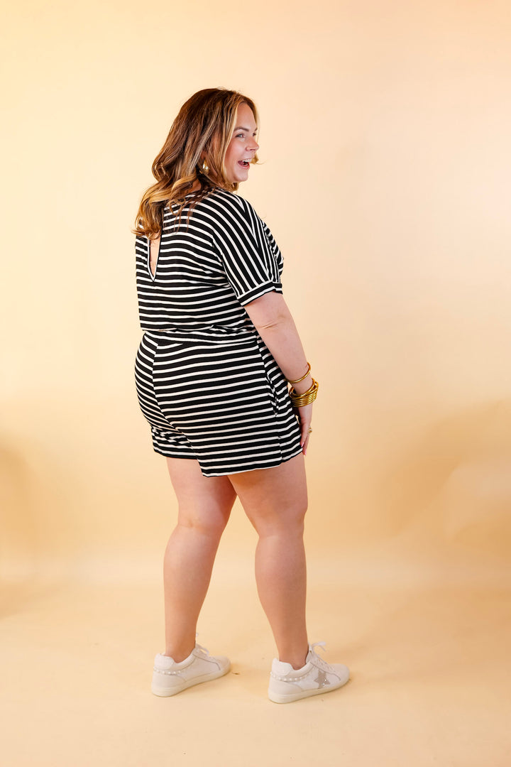 Let Me Loose Striped Short Sleeve Drawstring Waist Tee Shirt Romper in Black and Ivory - Giddy Up Glamour Boutique
