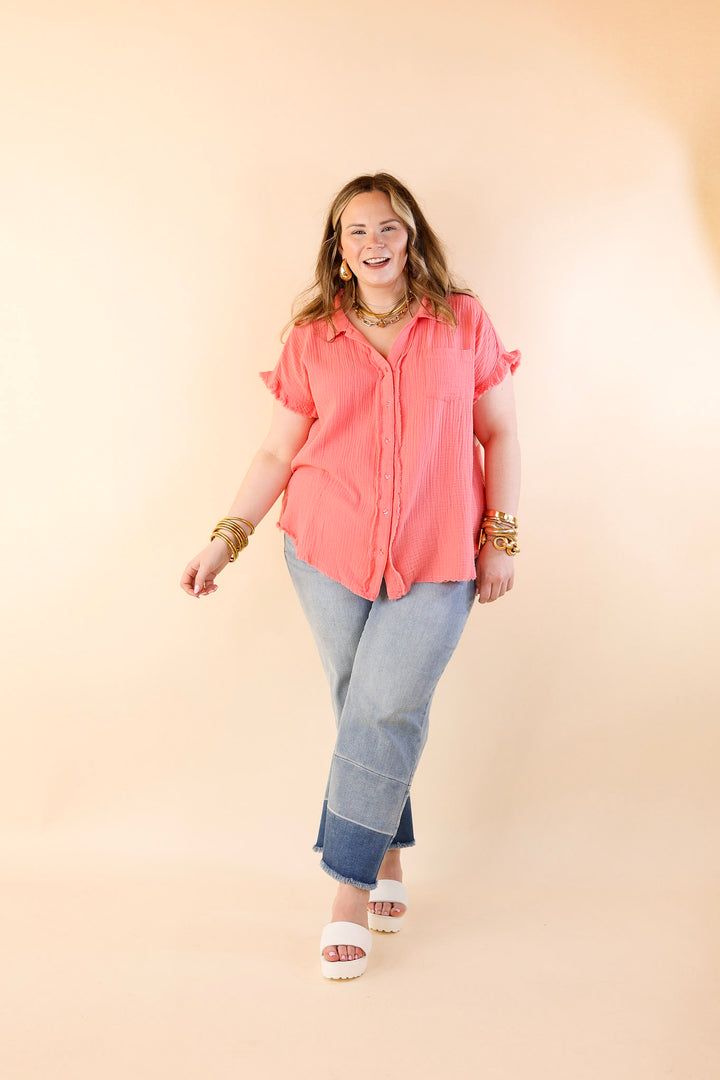 Right On Cue Button Up Raw Hem Top in Coral Pink - Giddy Up Glamour Boutique