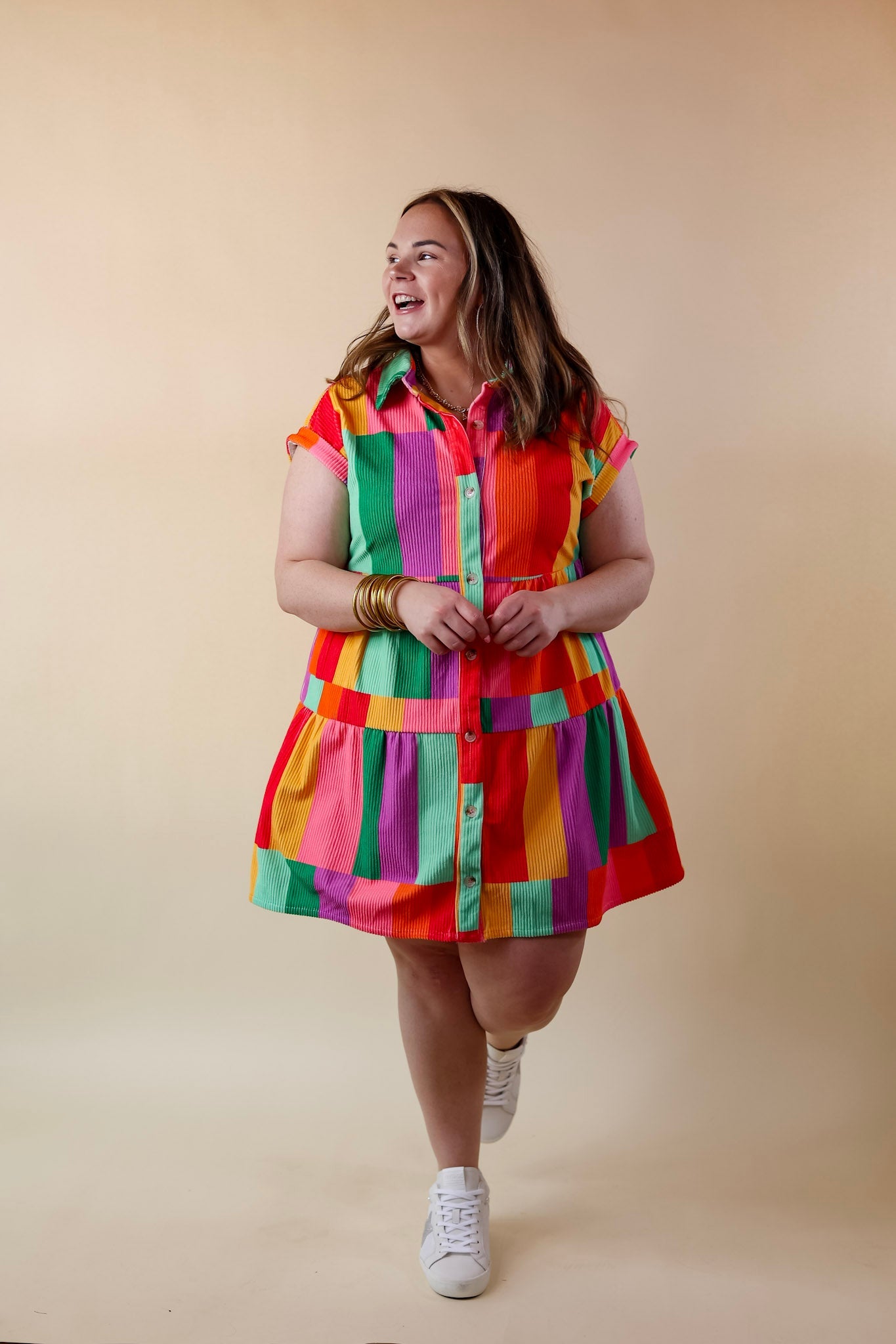 Appreciate You Color Block Corduroy Button Up Dress in Multi - Giddy Up Glamour Boutique