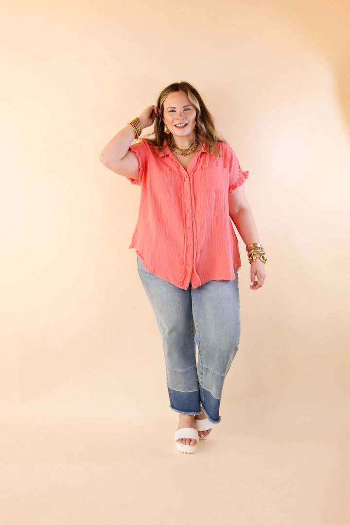 Right On Cue Button Up Raw Hem Top in Coral Pink - Giddy Up Glamour Boutique
