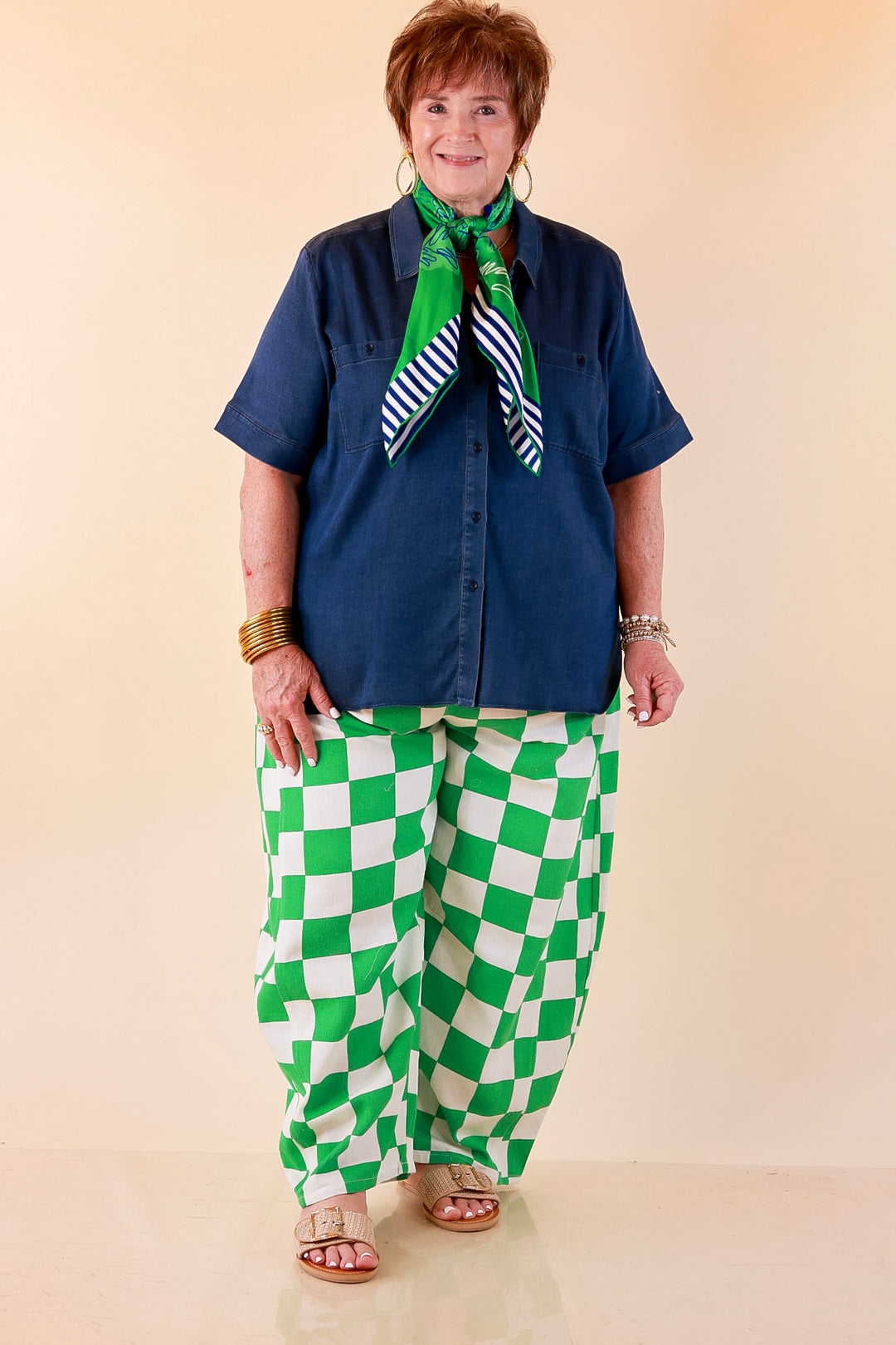Check Me Out Wide Leg Checkered Print Barrel Denim Jean in Green