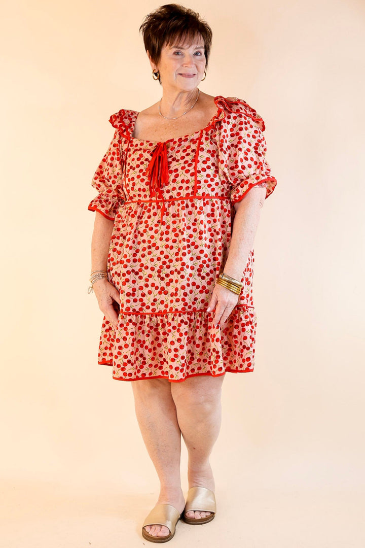 Cherry on Top Puff Sleeve Dress in Light Pink and Red