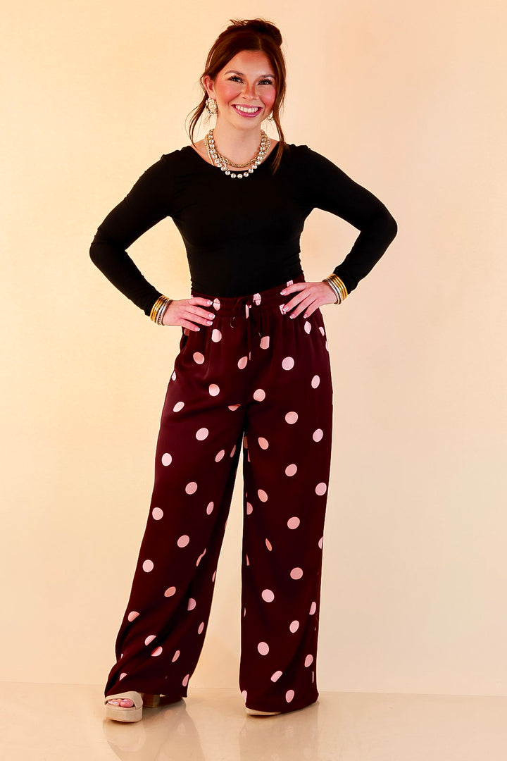 Two of a Kind Full Length Wide Leg Pull-On Drawstring Blush Pink Polka Dot Pants in Maroon