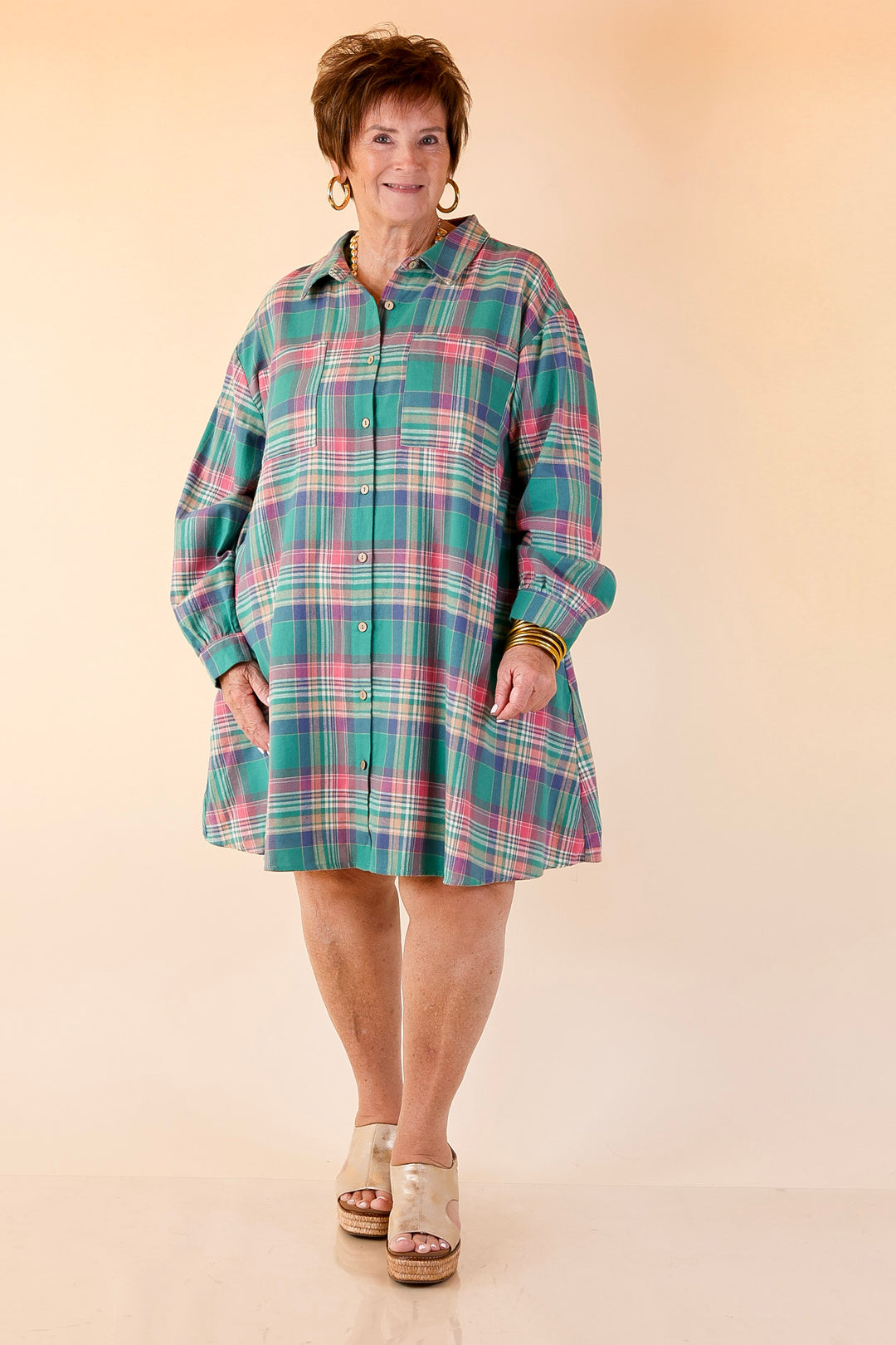 Vibrant Lifestyle Plaid Button Up Dress in Teal and Pink