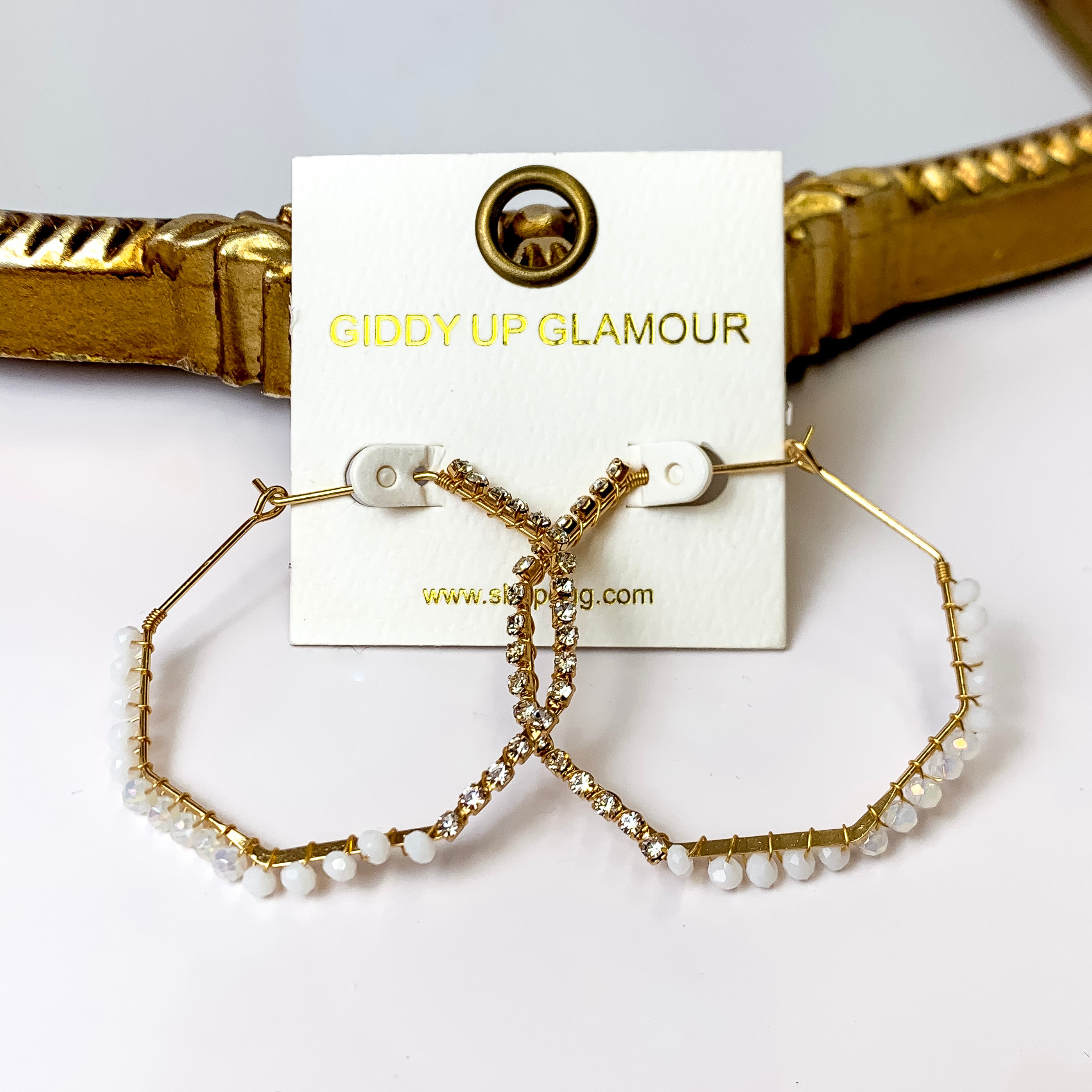 Gold Tone Crystal Beaded Octagonal Hoop Earrings - Giddy Up Glamour Boutique