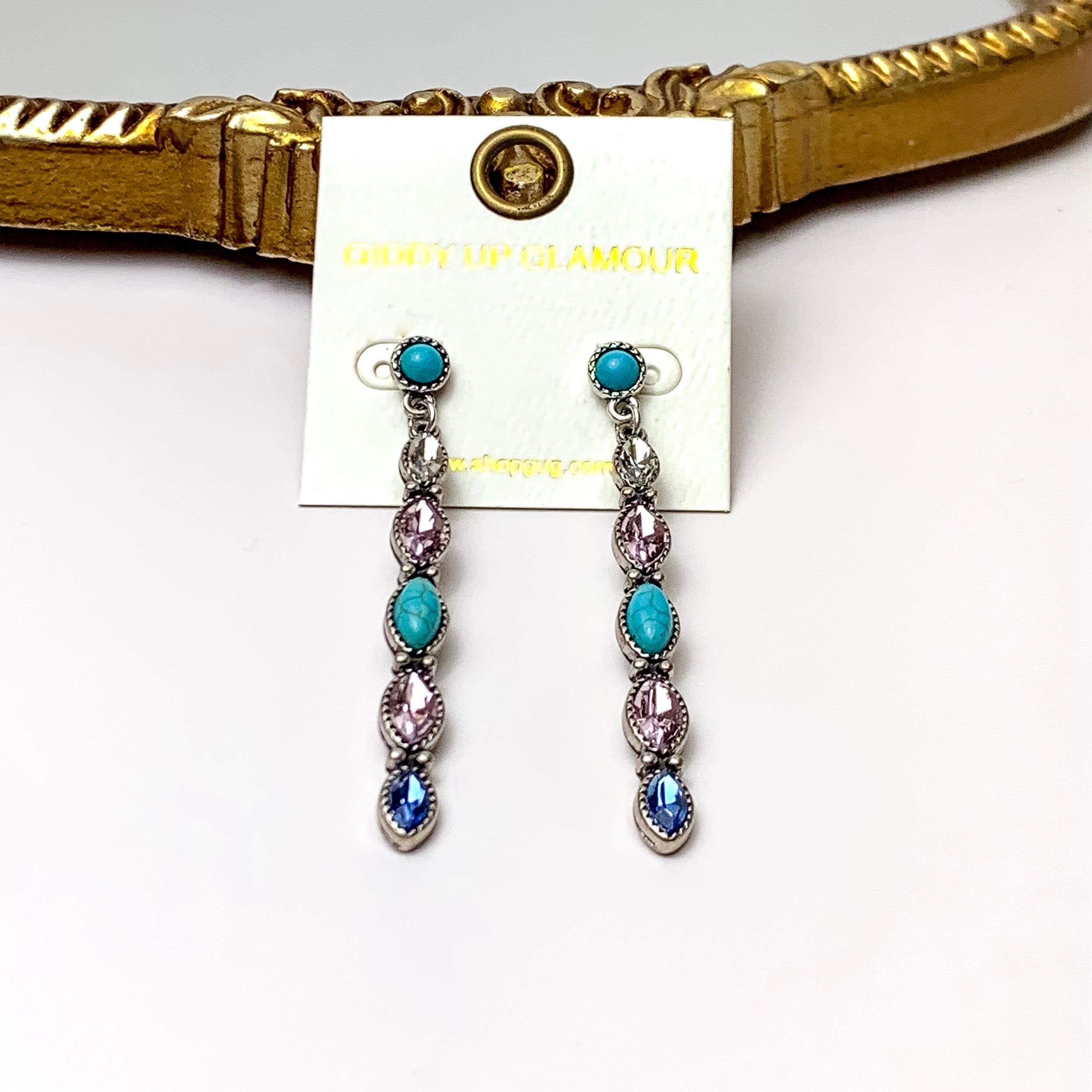 Thin Bar Faux Turquoise and Multicolor Marquis Crystal Drop Earrings - Giddy Up Glamour Boutique