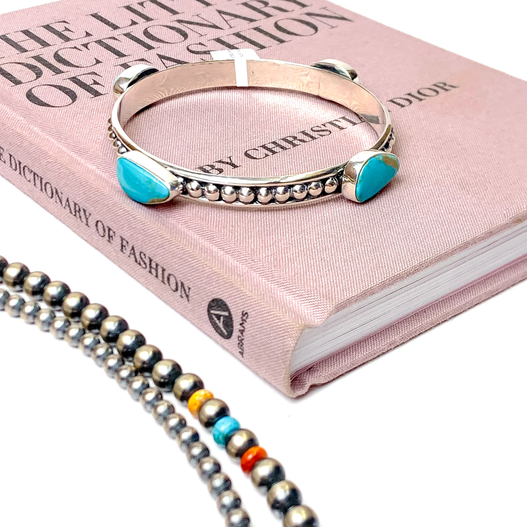 Navajo | Navajo Handmade Sterling Silver Studded Bangle Bracelet with Turquoise Stones - Giddy Up Glamour Boutique