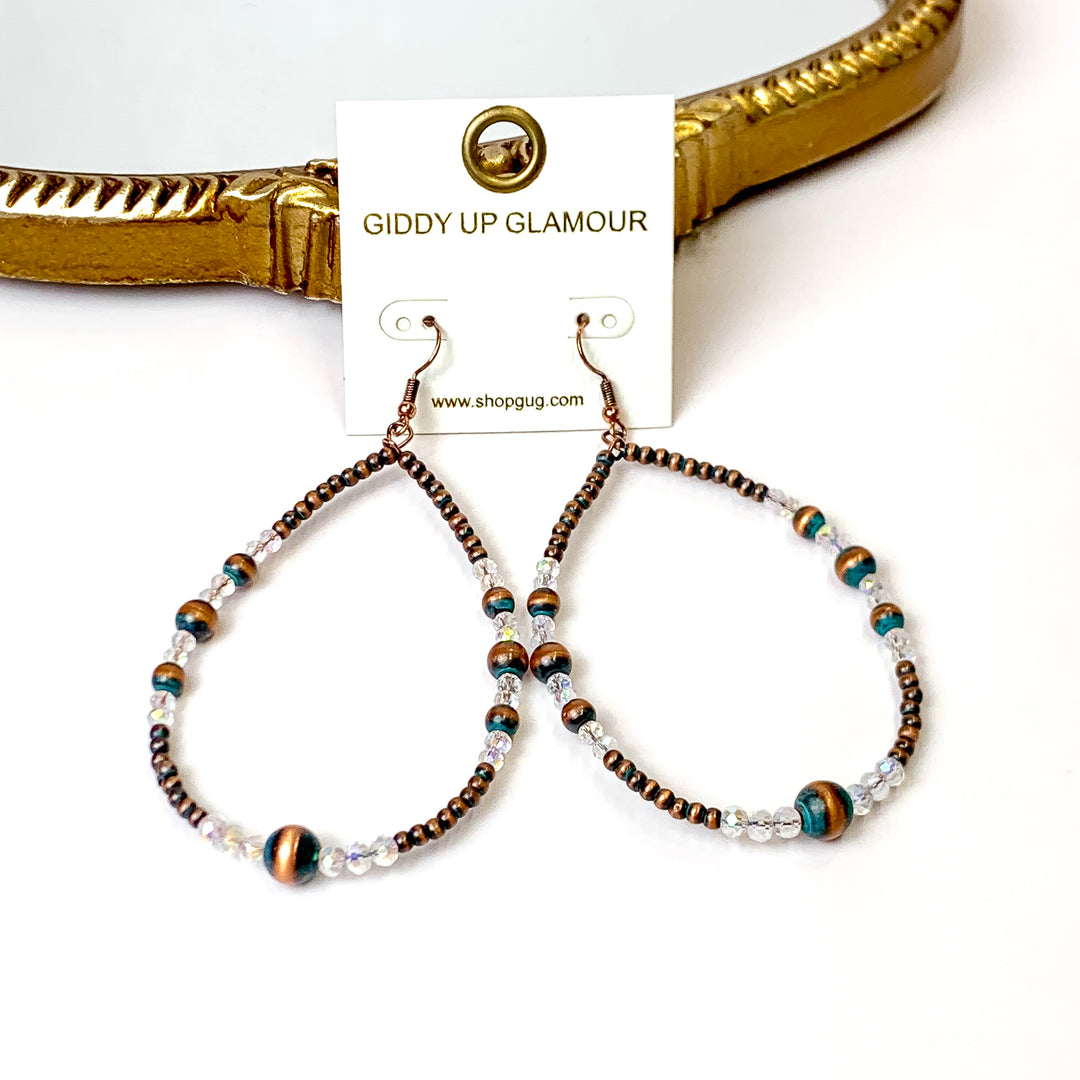 Faux Navajo Pearl Beaded Teardrop Earrings with Clear Glass Spacers in Patina Tone - Giddy Up Glamour Boutique