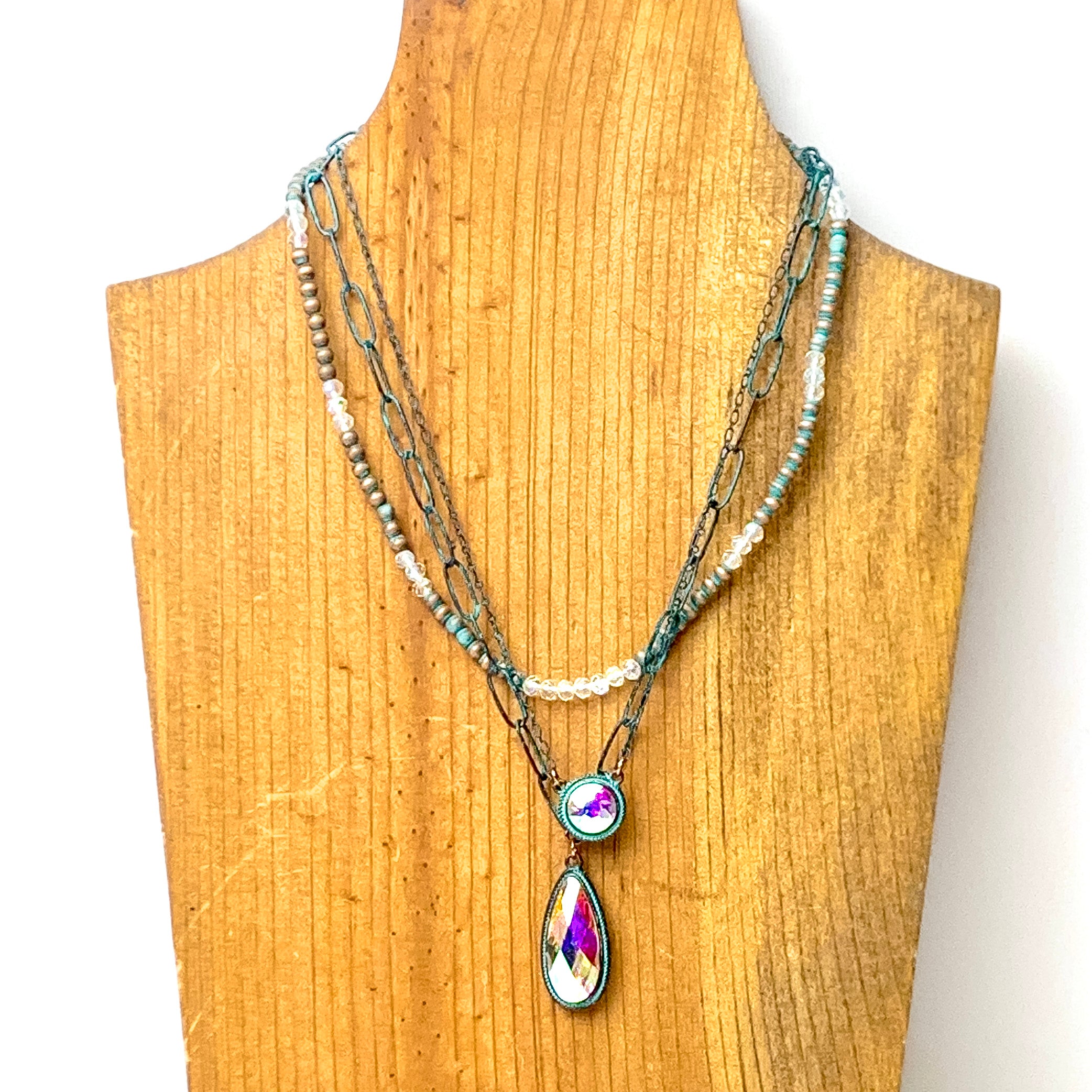 Three Row Faux Navajo Pearl Chain Necklace with AB Stone Pendants in Patina Tone - Giddy Up Glamour Boutique