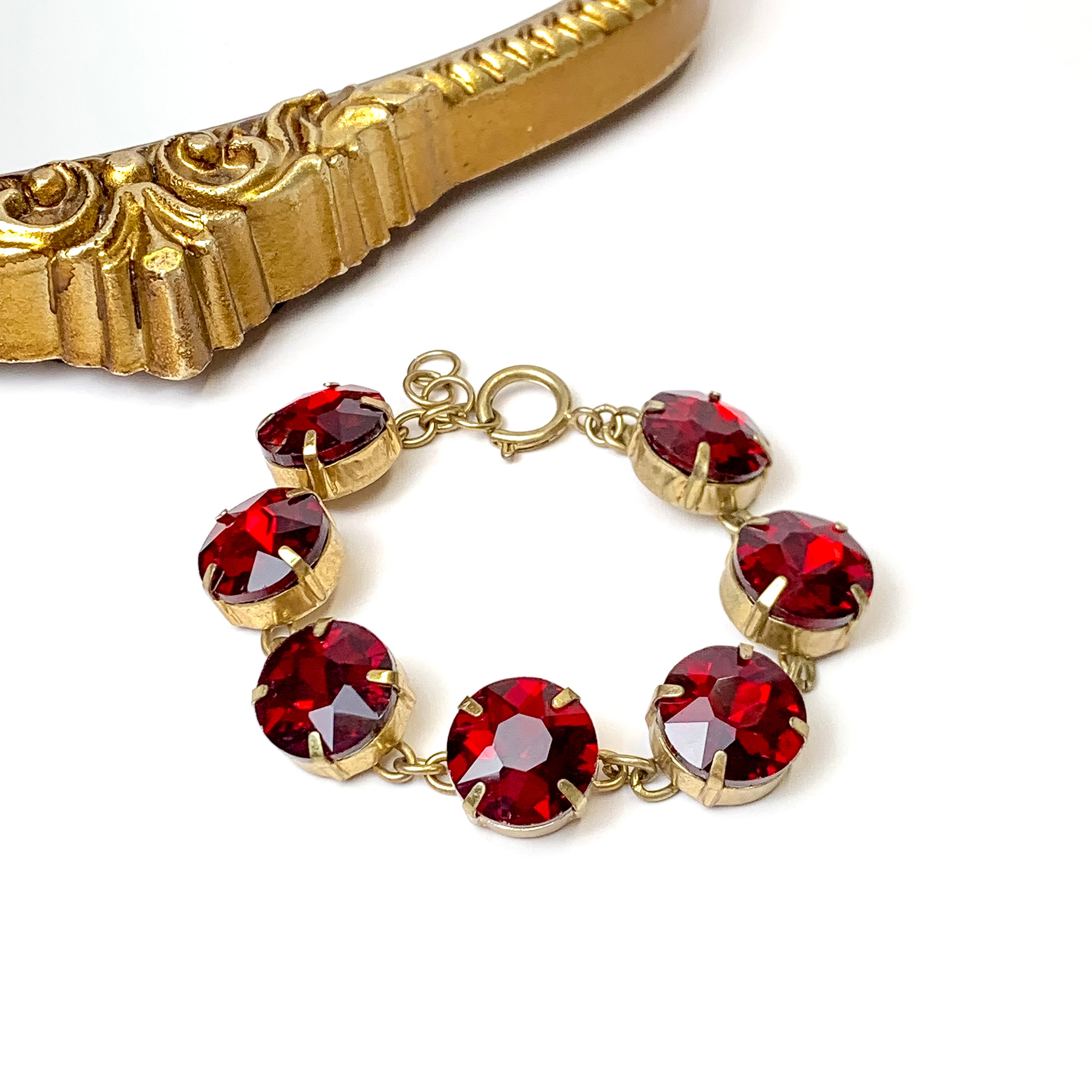 Gold Tone Maroon Red Round Crystal Bracelet - Giddy Up Glamour Boutique