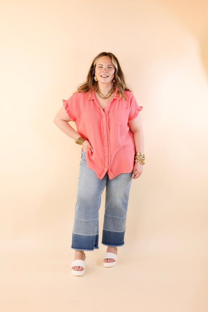 Right On Cue Button Up Raw Hem Top in Coral Pink - Giddy Up Glamour Boutique