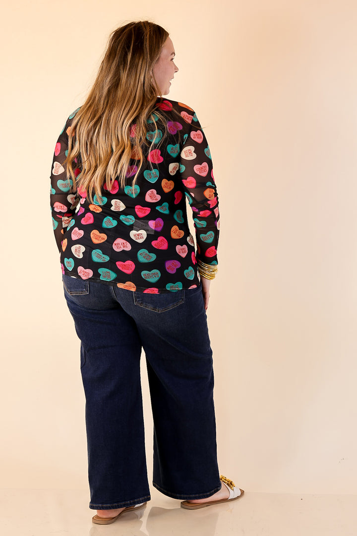 Sheer Confidence Western Theme Conversation Heart Print Mesh Long Sleeve Top in Black