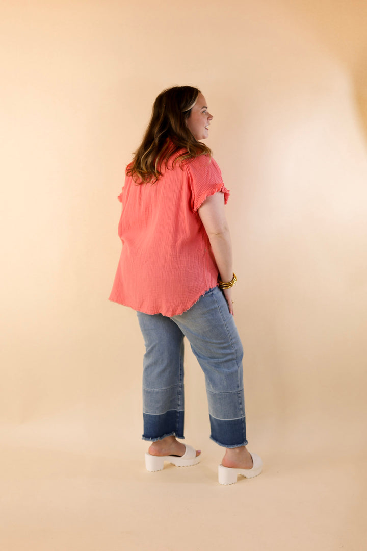 Right On Cue Button Up Raw Hem Top in Coral Pink - Giddy Up Glamour Boutique