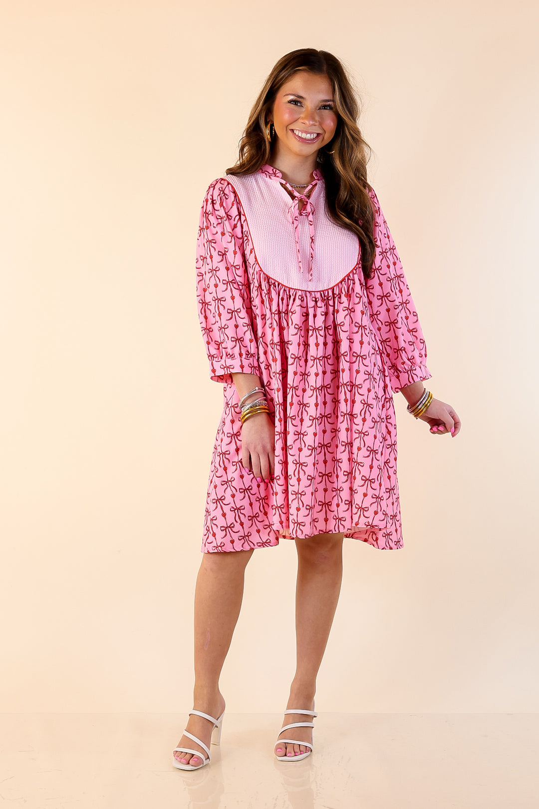 Simply Southern | Charming as Ever Red Bow and Heart Print Dress with Pink Pinstripe Front Yoke in Pink