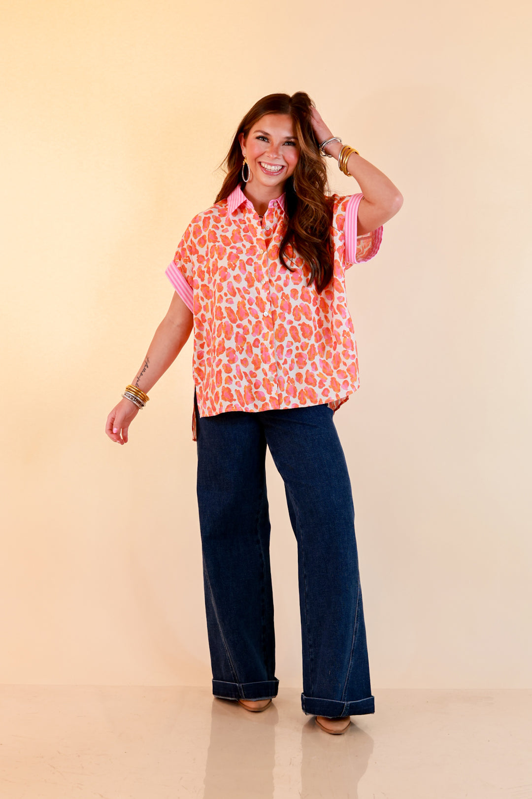 Talk the Talk Leopard Print Button Front Top with Stripe Contrast Collar in Pink and Orange