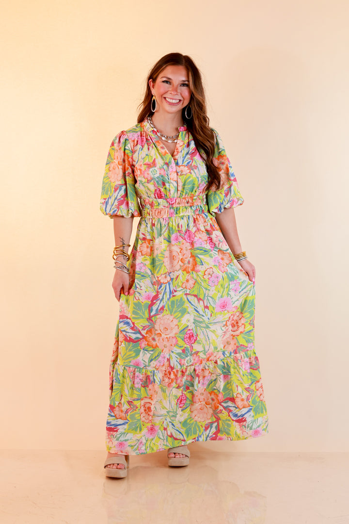 Reserved for Brunch Puff Sleeve Smocked Waist Floral Maxi Dress in Green Multi