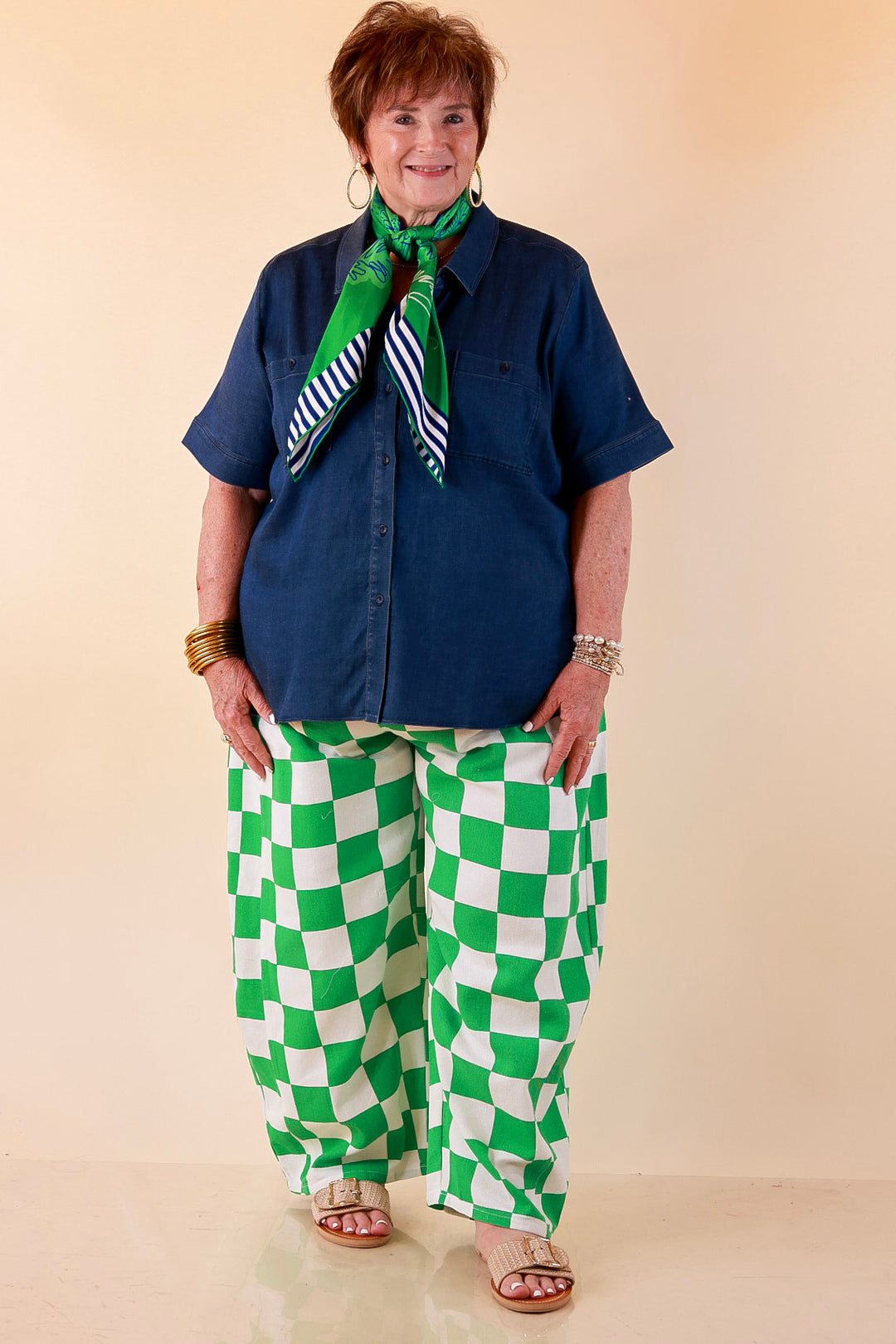 Check Me Out Wide Leg Checkered Print Barrel Denim Jean in Green