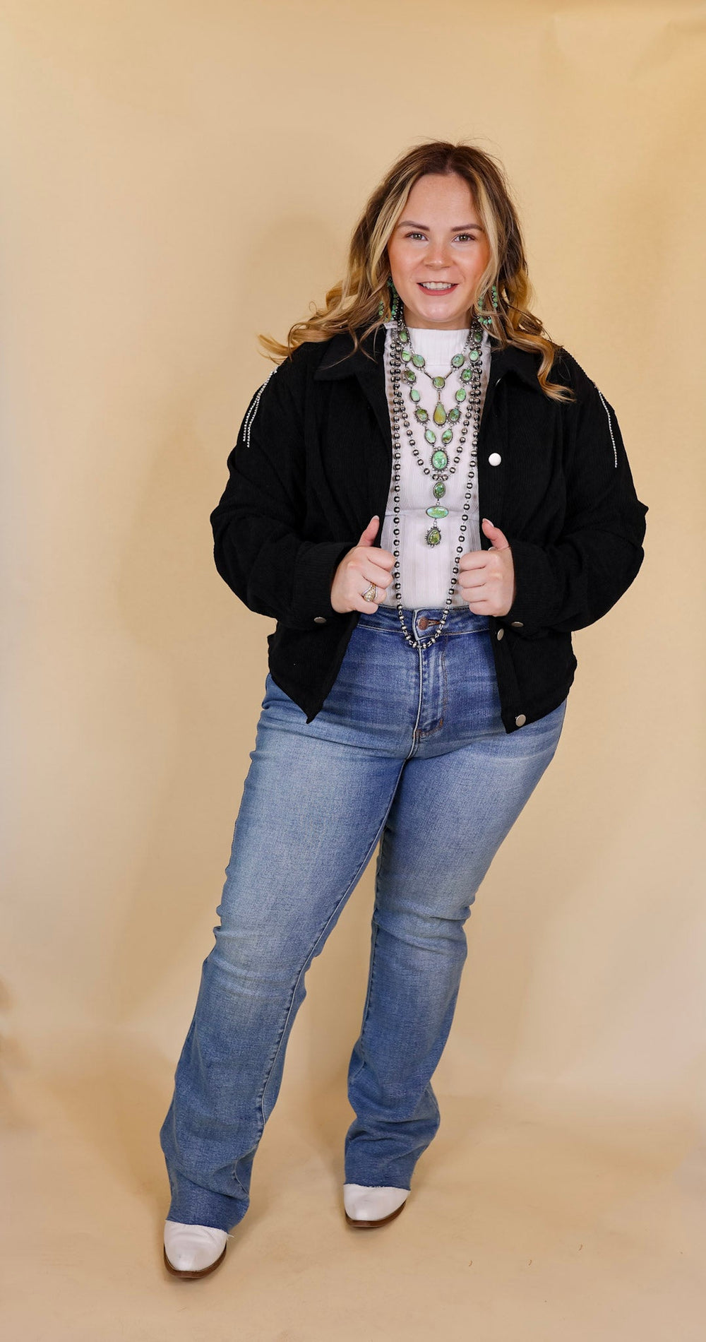 Signature Moves Button Up Corduroy Jacket with Crystal Fringe Back in Black - Giddy Up Glamour Boutique