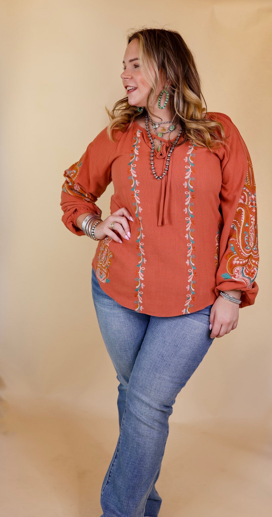 Warm Personality Floral Embroidered Long Sleeve Top with Front Keyhole and Tie in Clay Orange - Giddy Up Glamour Boutique