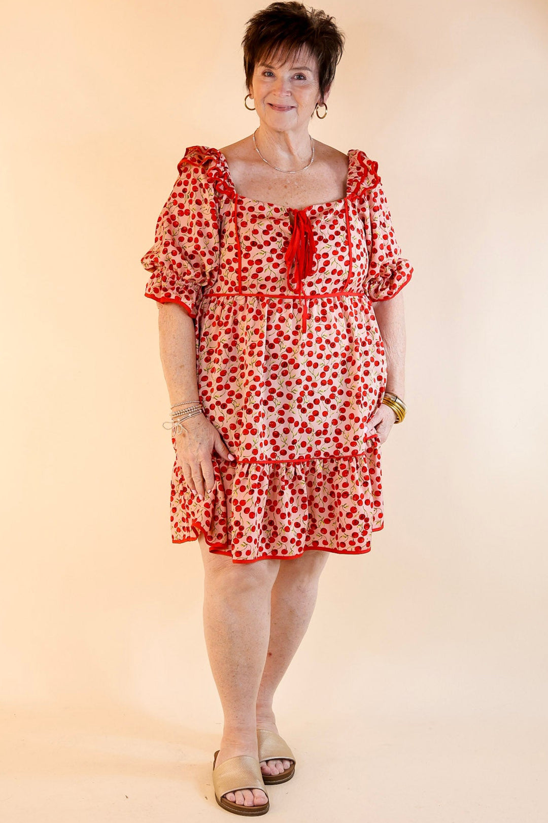 Cherry on Top Puff Sleeve Dress in Light Pink and Red