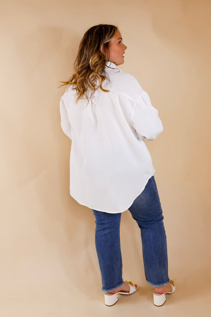 Escaping Ordinary Waffle Weave Button Up Top in Ivory - Giddy Up Glamour Boutique