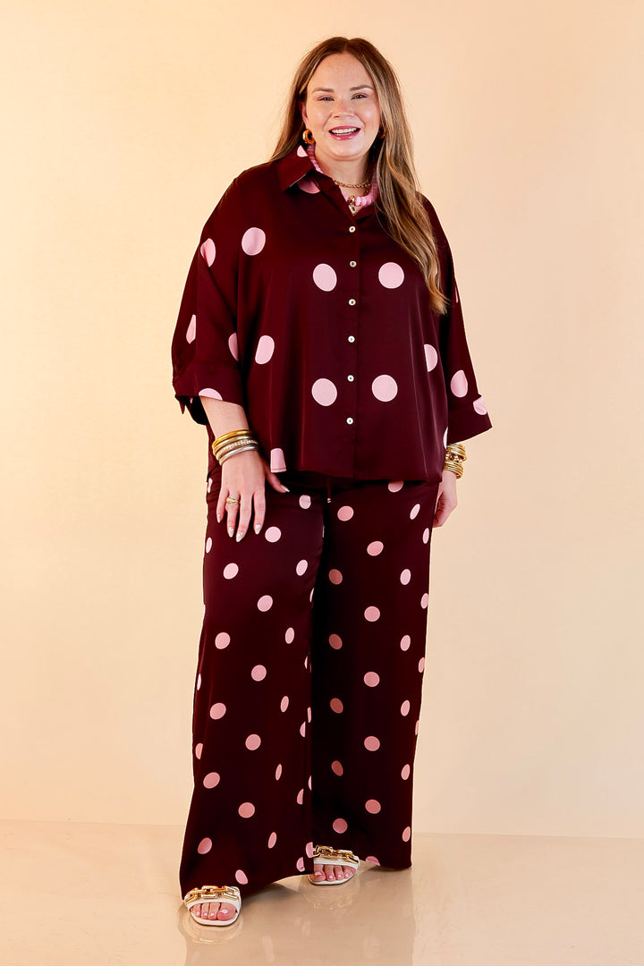 Two of a Kind Oversized Long Sleeve Button Down Blush Pink Polka Dot Blouse in Maroon