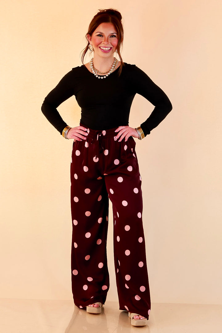 Two of a Kind Full Length Wide Leg Pull-On Drawstring Blush Pink Polka Dot Pants in Maroon