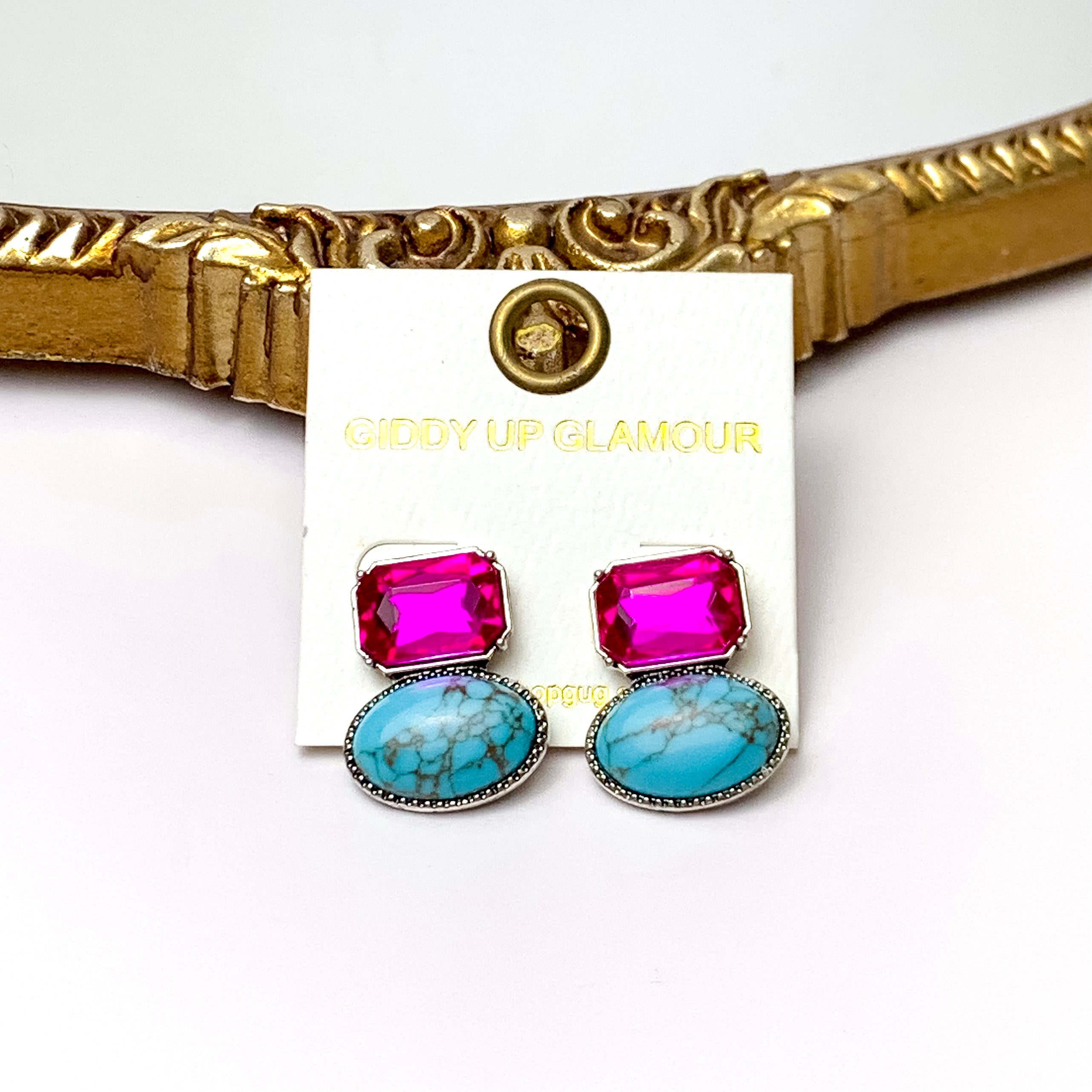 Fuchsia Rhinestone and Faux Turquoise Stone Stud Earrings - Giddy Up Glamour Boutique