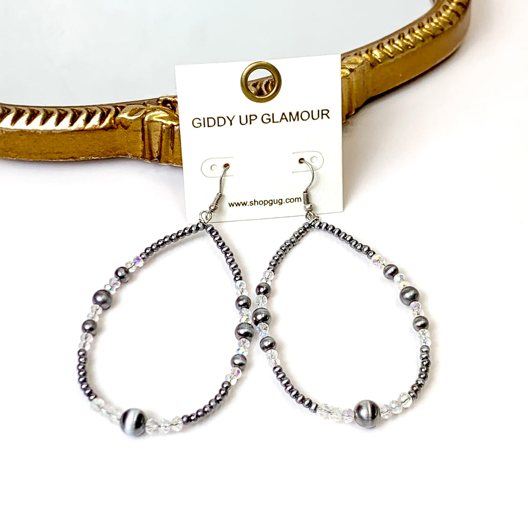 Faux Navajo Pearl Beaded Teardrop Earrings with Clear Glass Spacers in Silver Tone - Giddy Up Glamour Boutique
