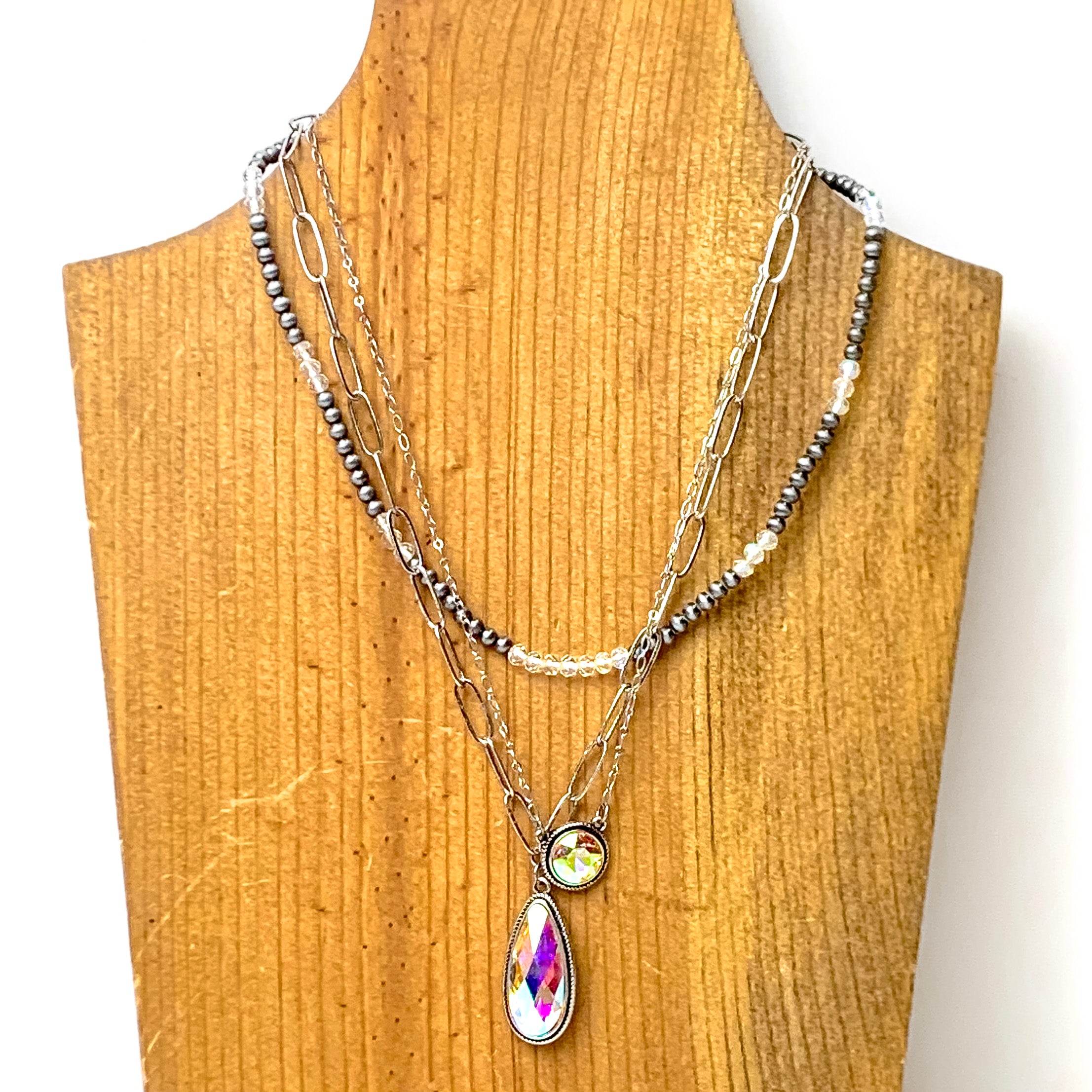 Three Row Faux Navajo Pearl Chain Necklace with AB Stone Pendants in Silver Tone - Giddy Up Glamour Boutique
