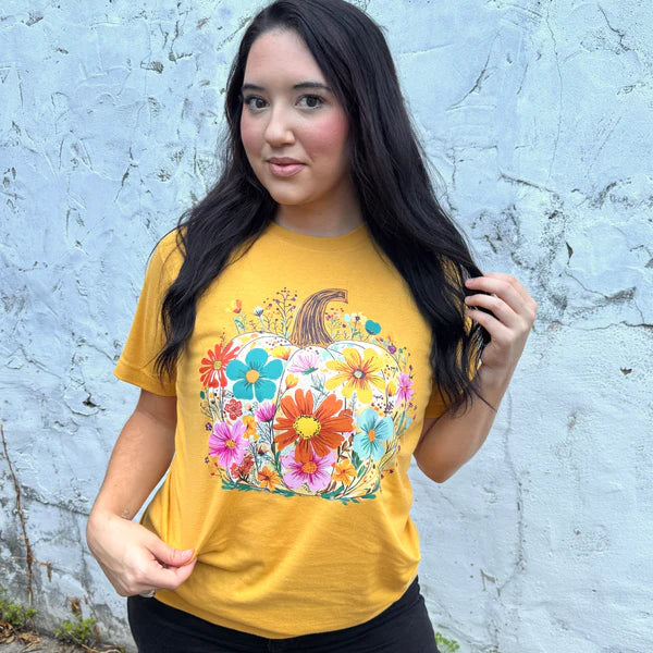 Online Exclusive | Bright Floral Fall Pumpkin Graphic on Short Sleeve Tee in Ginger Orange