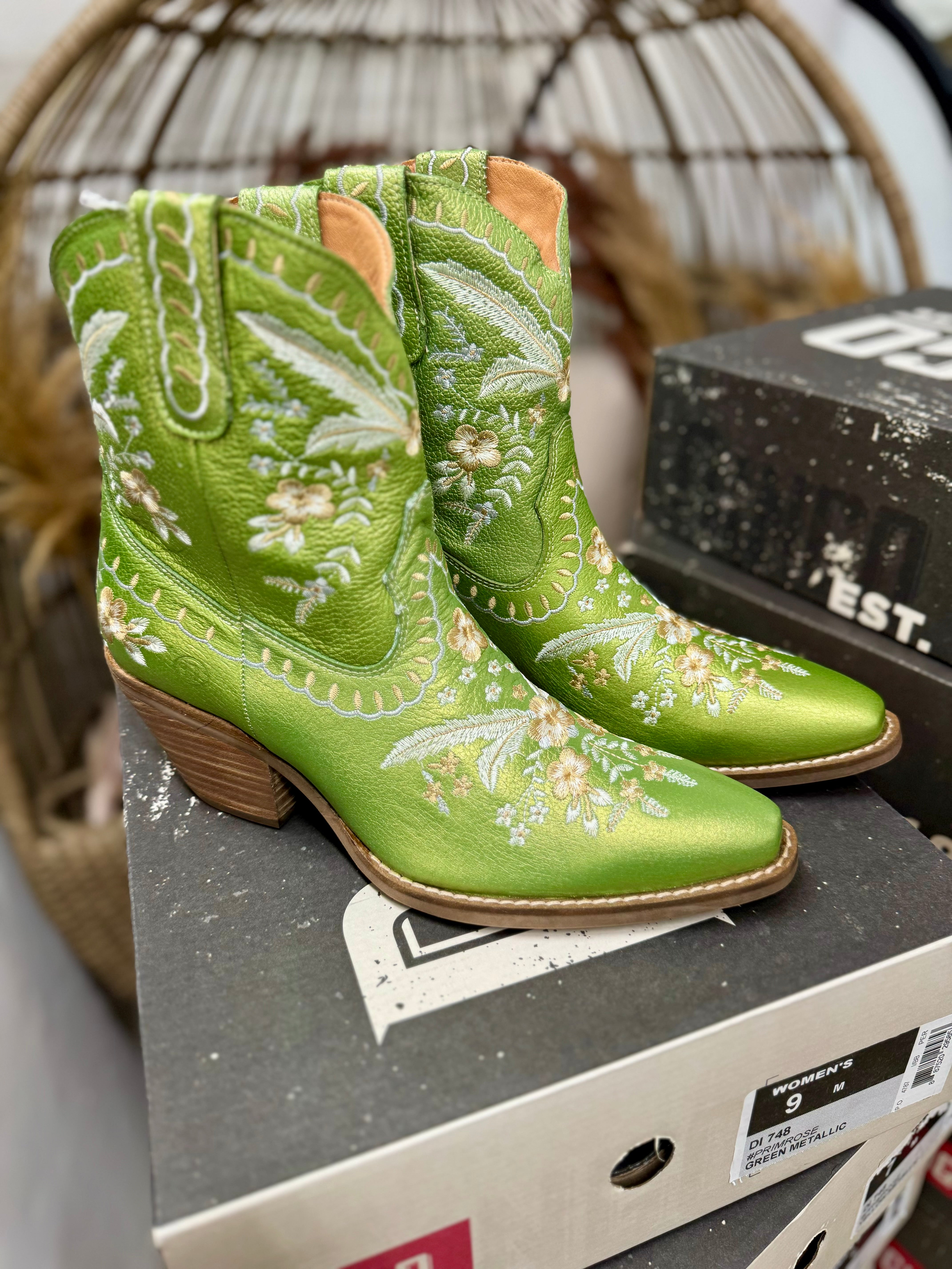 Last Chance Size 9 | Dingo | Primrose Leather Floral Stitch Bootie in Green Metallic DISCONTINUED - Giddy Up Glamour Boutique