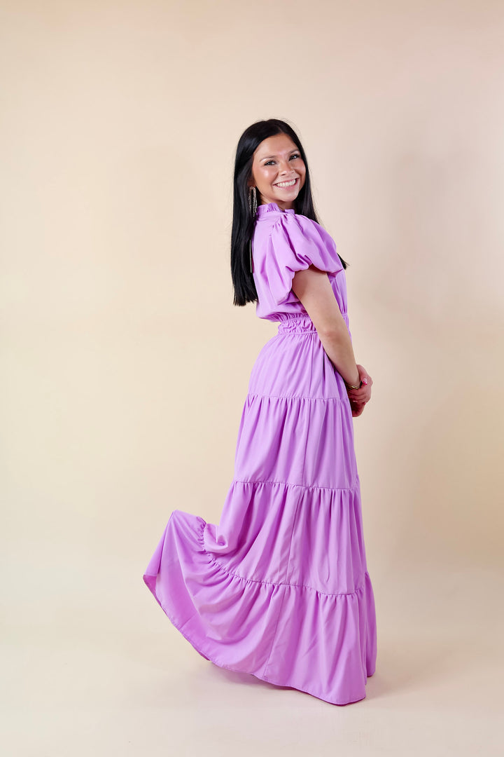 Table for Two Tiered Maxi Dress with Puff Sleeves in Lavender Purple - Giddy Up Glamour Boutique