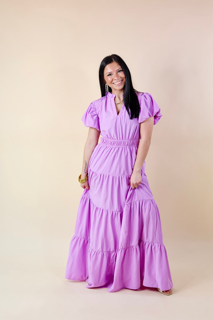 Table for Two Tiered Maxi Dress with Puff Sleeves in Lavender Purple - Giddy Up Glamour Boutique