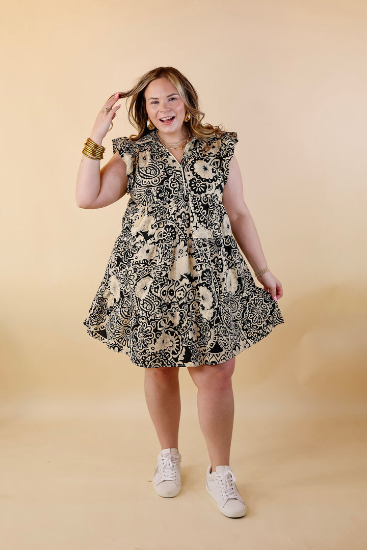 Classy Evenings Floral Print Collared Dress in Beige and Black - Giddy Up Glamour Boutique