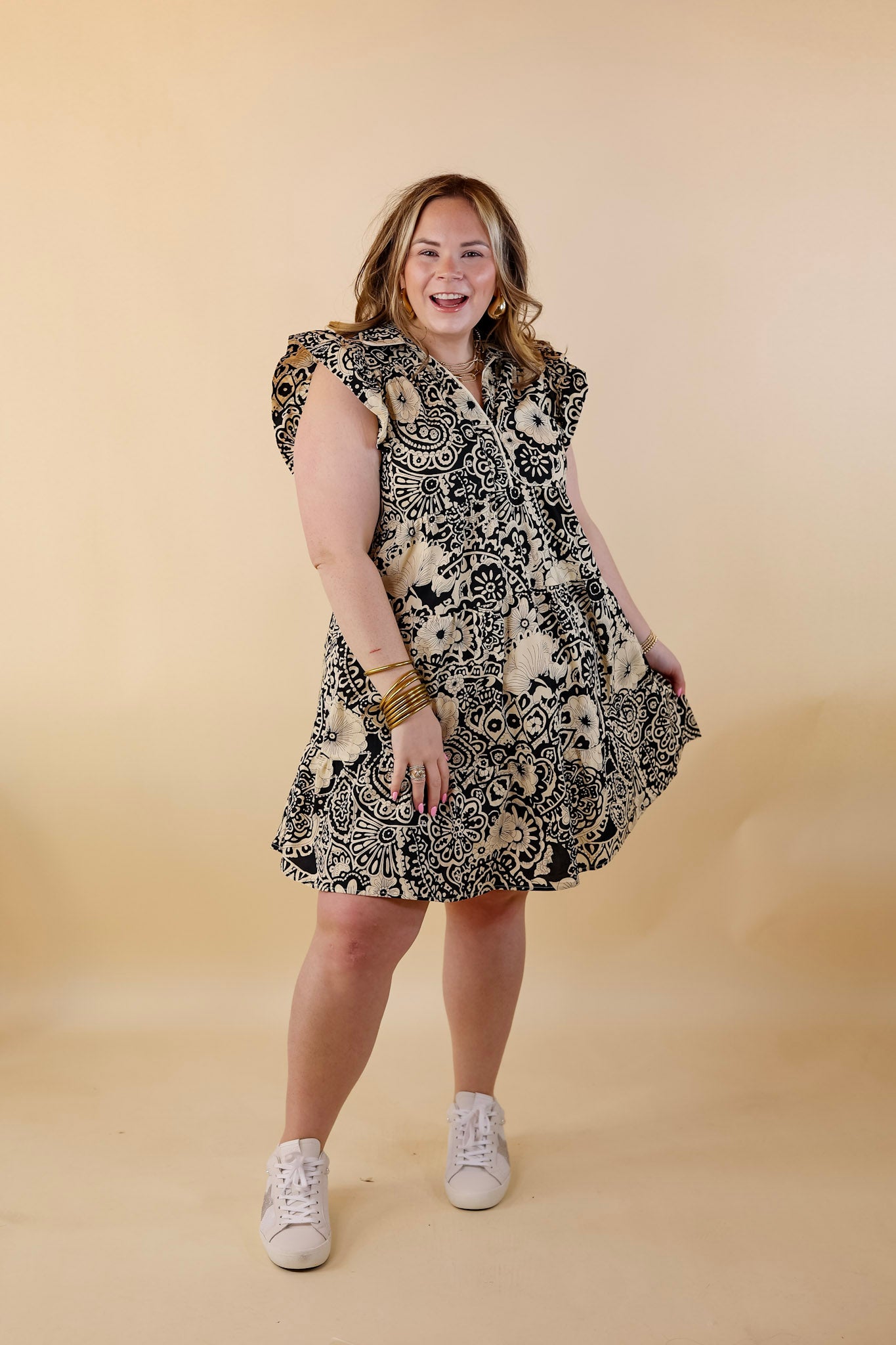 Classy Evenings Floral Print Collared Dress in Beige and Black - Giddy Up Glamour Boutique