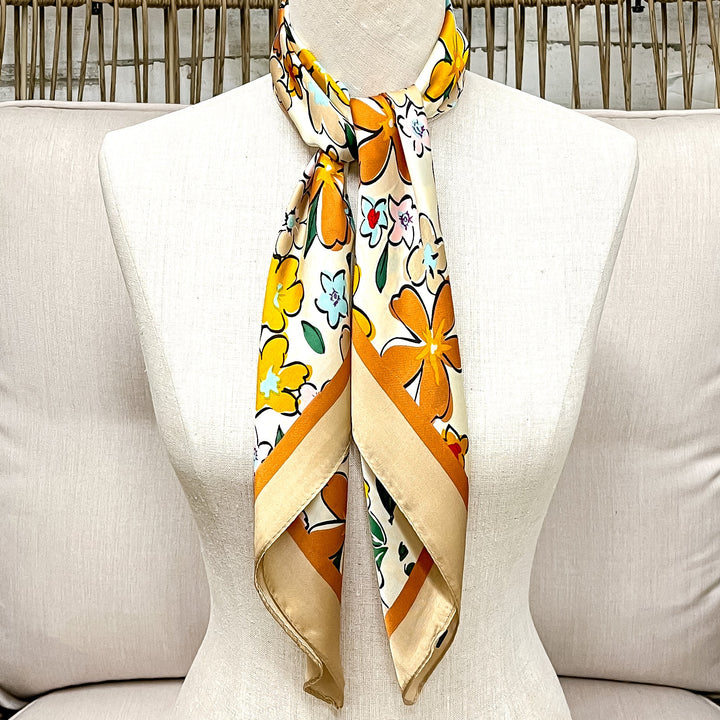 Retro Meadow Floral Print Silk Feel Square Scarf in Taupe, Rust and Teal