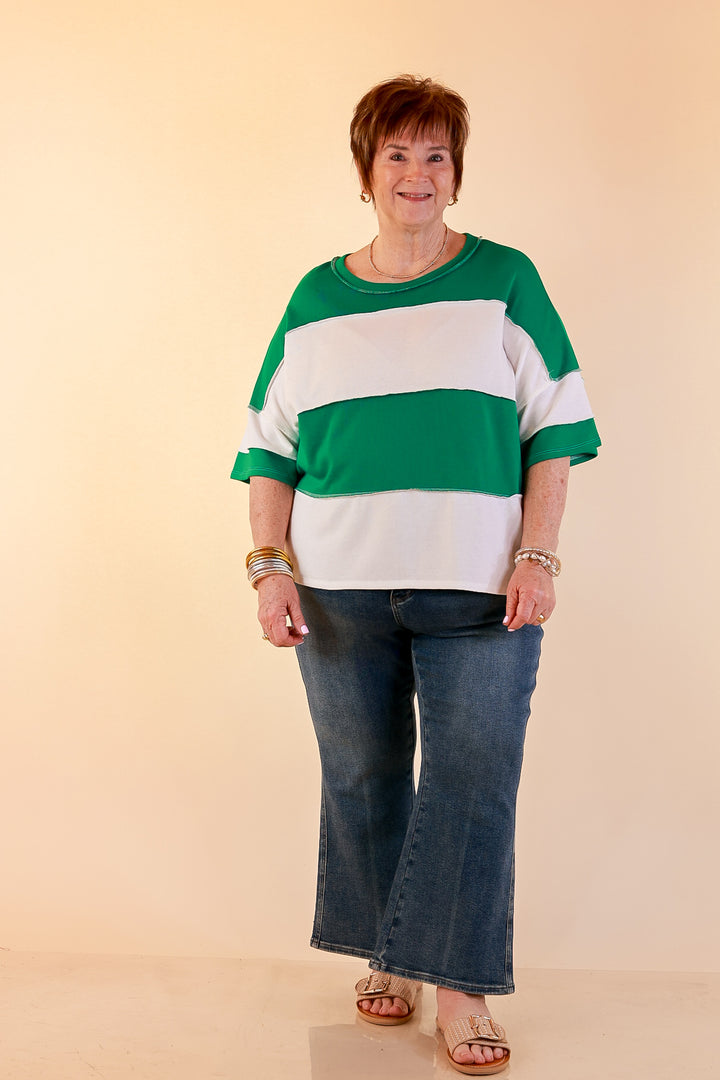 Simply Striking Color Block Rugby Style Wide Stripe Relaxed Short Sleeve Top in Kelly Green