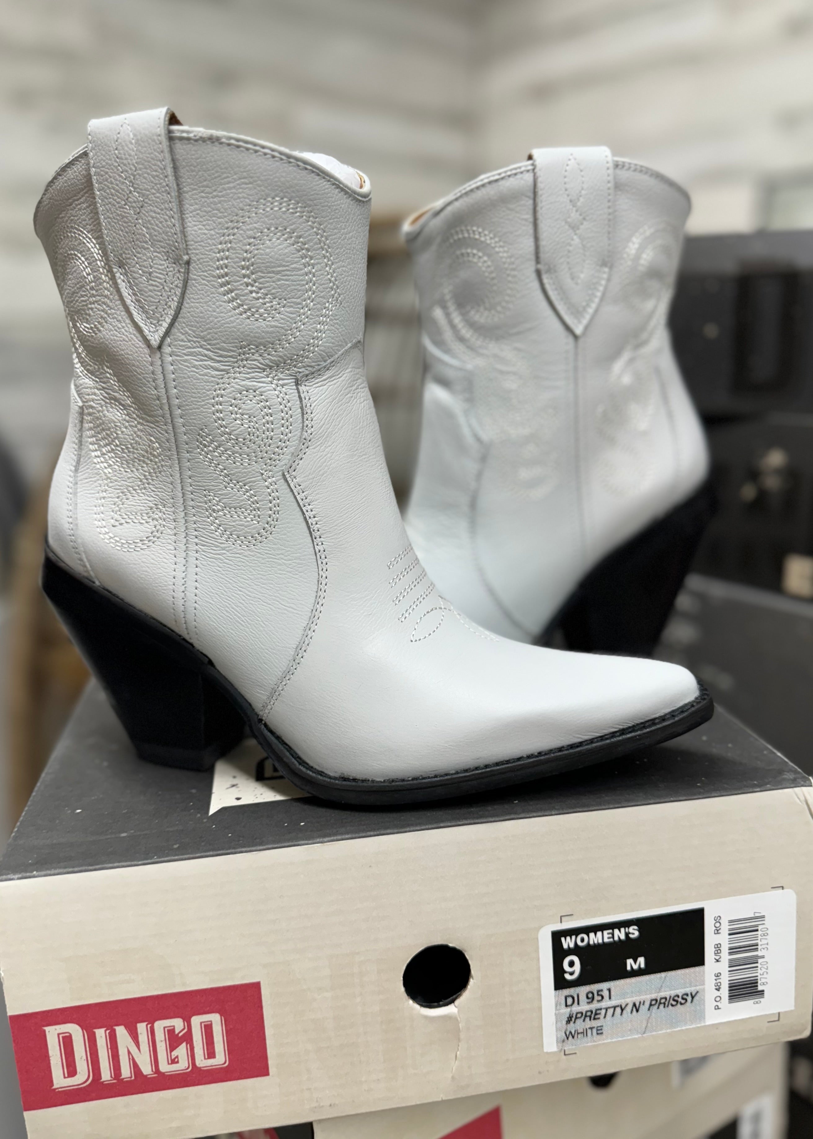 Model Shoes Size 9 | Dingo | Pretty N Prissy Leather Bootie in White  *DISCONTINUED* - Giddy Up Glamour Boutique