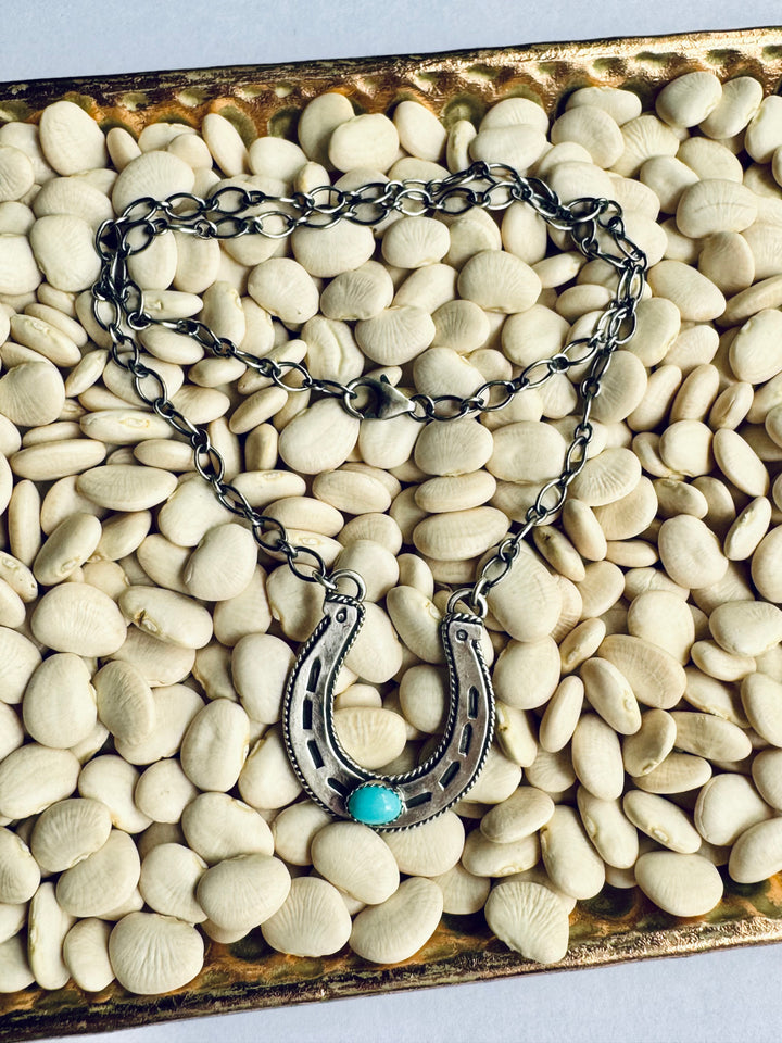 Lucky Horseshoe Native American Handmade Sterling Silver Necklace with Turquoise