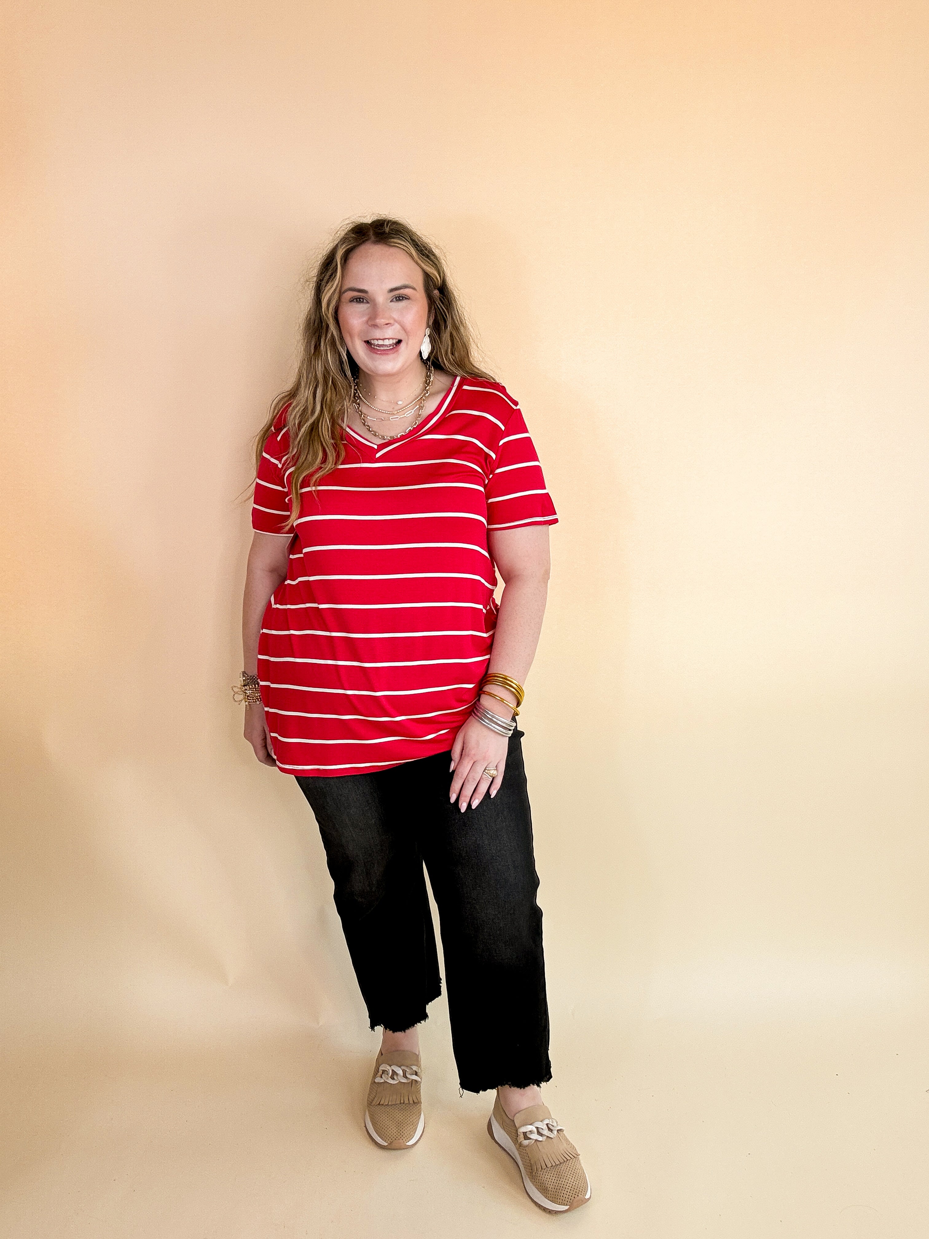 Keep Things Casual Striped V Neck Tee in Red