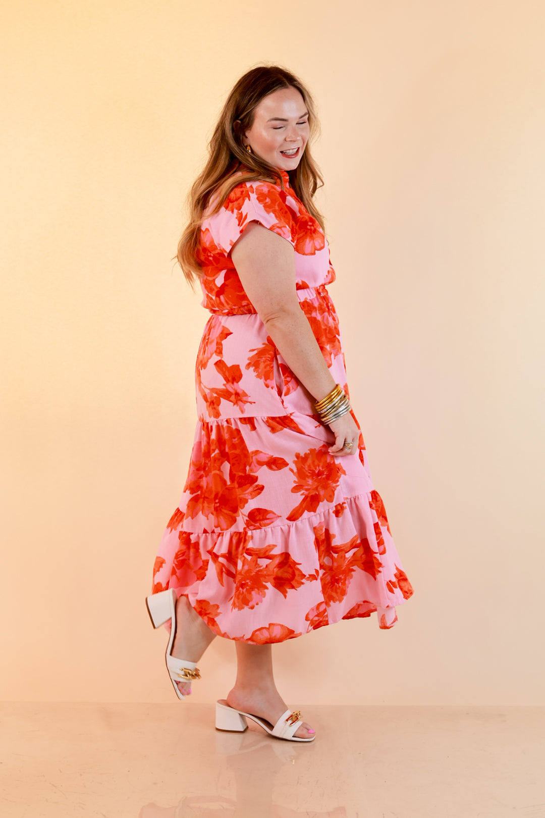 Petals at Play Ric Rac Trim Flutter Sleeve Tiered Midi Dress with Floral Print in Pink and Orange