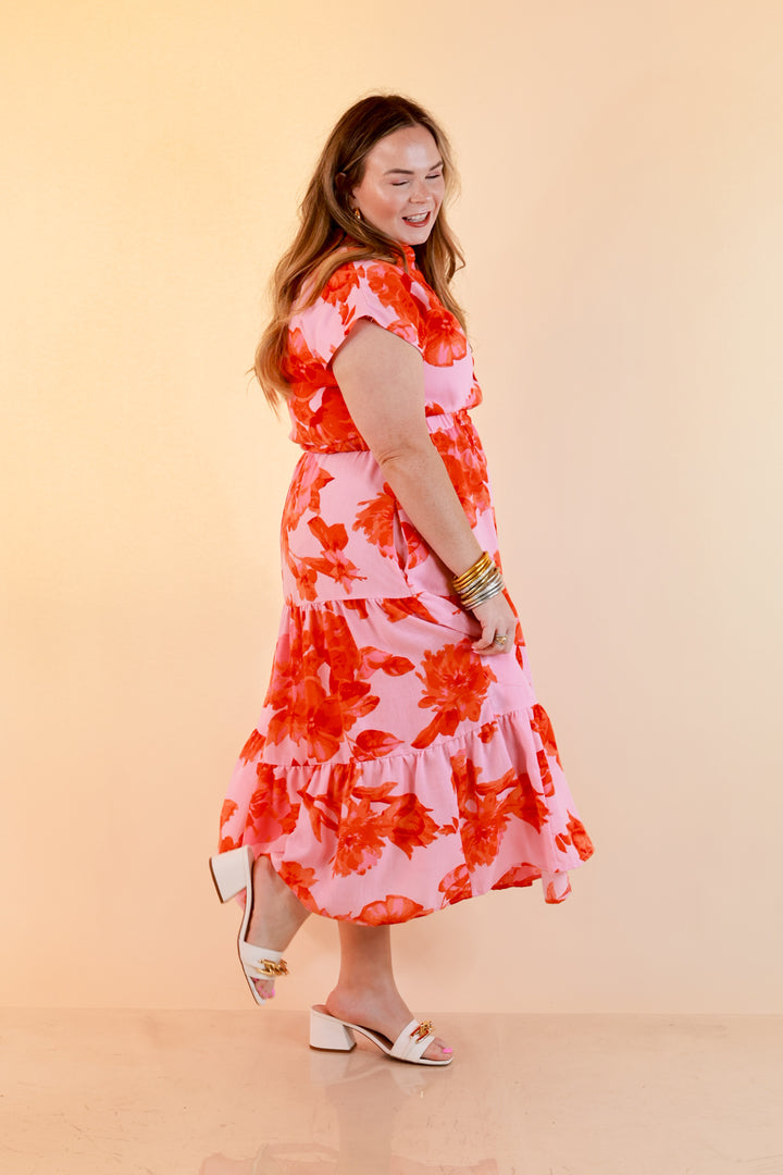 Petals at Play Ric Rac Trim Flutter Sleeve Tiered Midi Dress with Floral Print in Pink and Orange