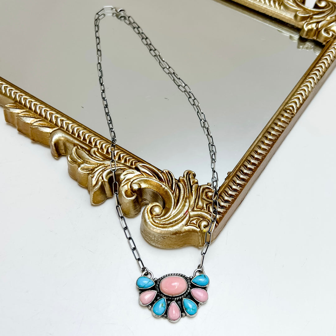 Marcella James | Native American Handmade Sterling Silver, Turquoise and Pink Conch Stone Half Cluster Necklace