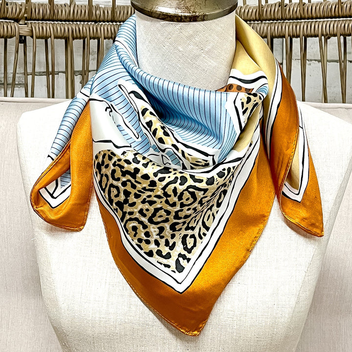 Rodeo Run Western Horse and Leopard Print Silk Feel Square Scarf in Blue