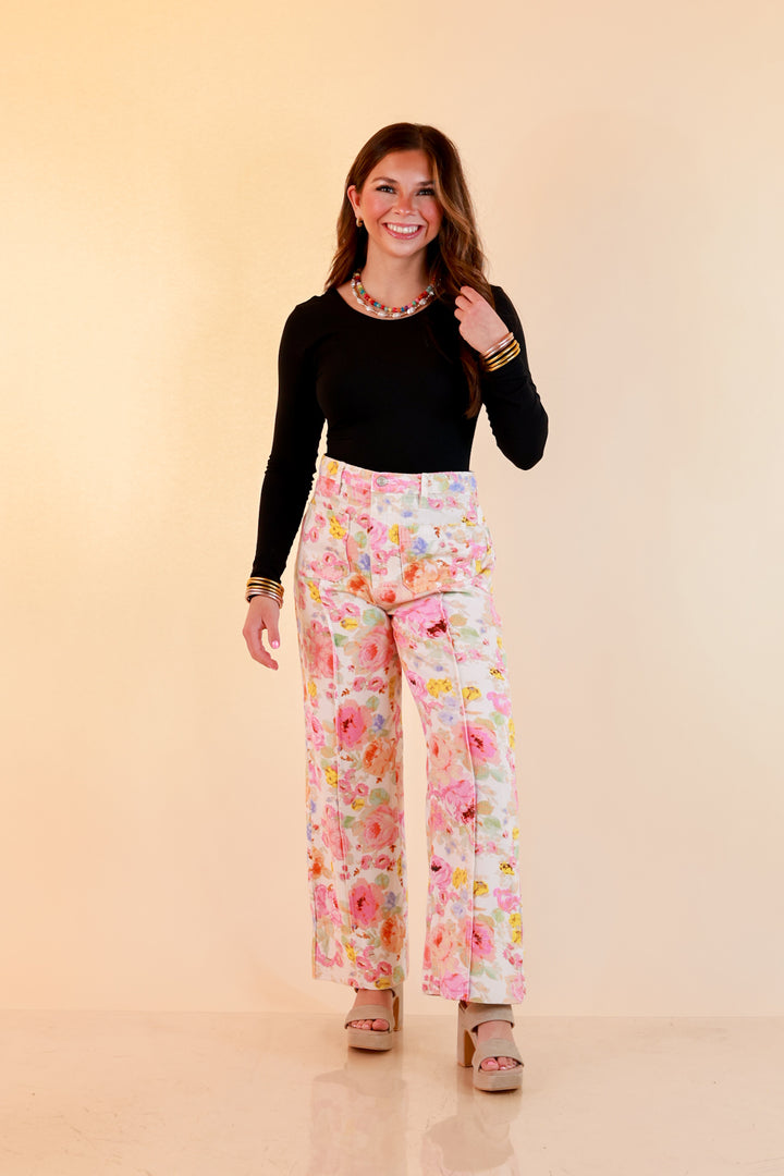 Rosy Outlook Floral Print Wide Leg Denim Pants with Front Seam in Cream